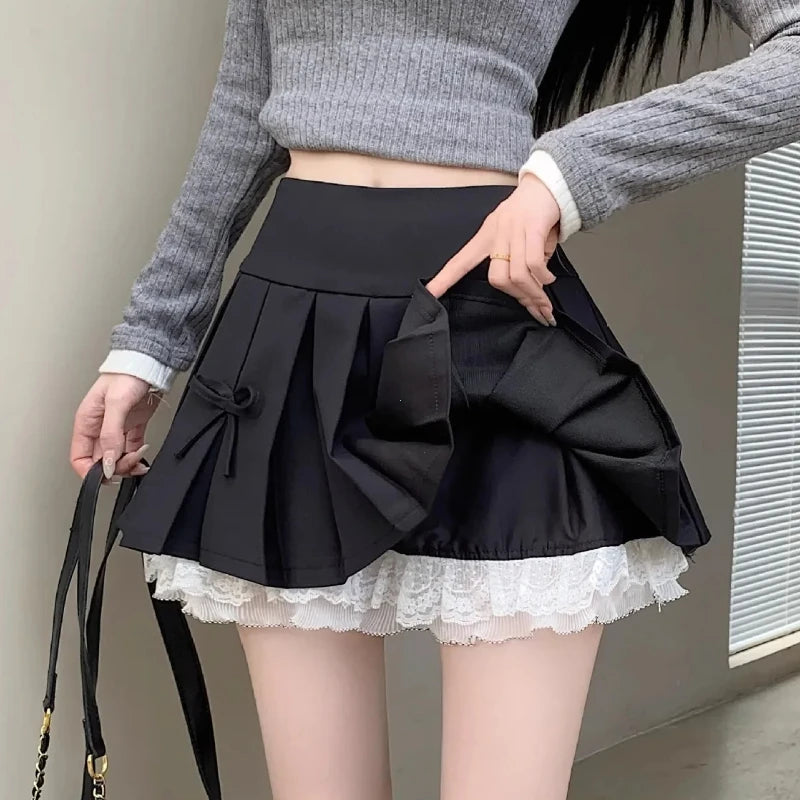 Korean Fashion Sweet High Waist College Pleated Skirt for Womenn Lace Preppy Bow Skirt Female A-line Pleated Skirt Y2k