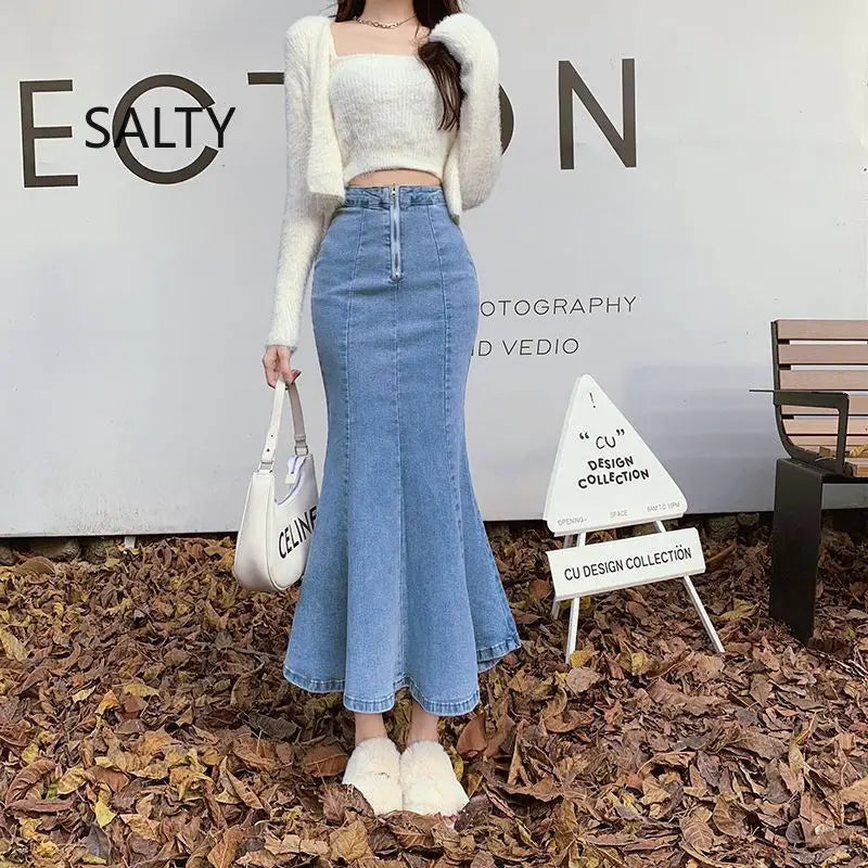 2026 Solid Slimming High Waist Midi A- Line Skirt Woman Trumpet Sides for Women Denim Half-length Skirt with Flounce
