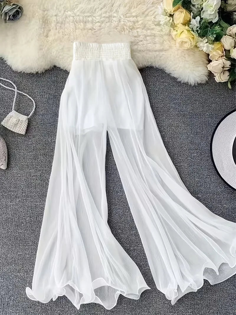 Summer solid color chiffon wide leg pants for women, high waisted, elastic waistband, flowing and slimming, casual pants