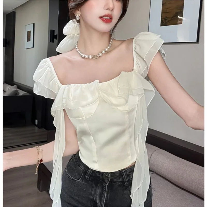 Patchwork Trendy Ribbon T Shirt For Women Pure And Elegant Ruffled Design Halter Top
