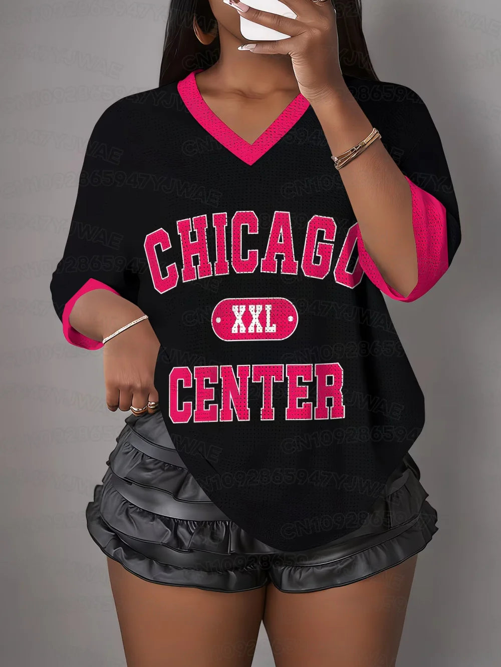 Women's Chicago Letter Print V-Neck Short Sleeve T-Shirt Summer Tee Hole Mesh Jerseys Plus Size Sport T-Shirt