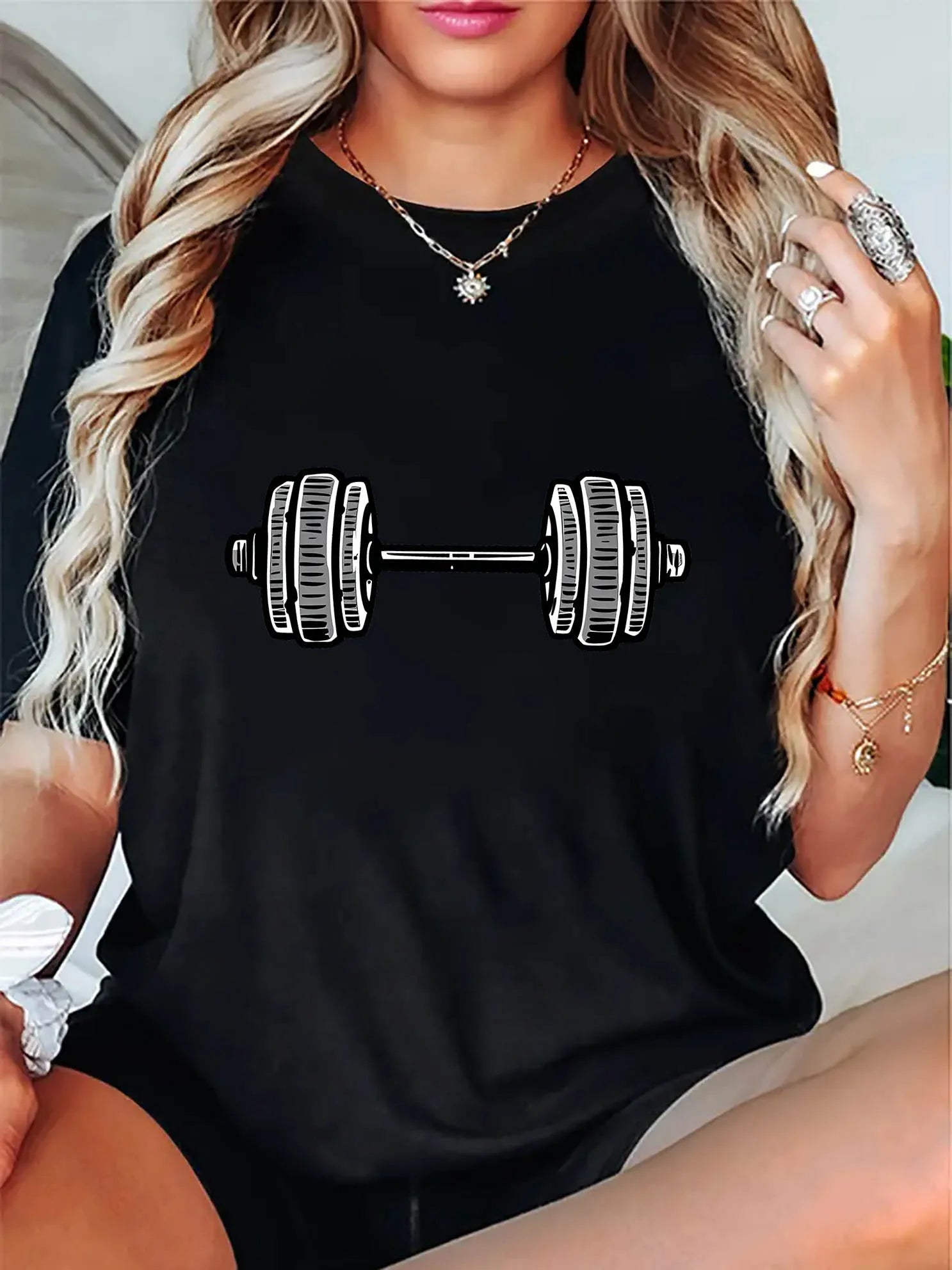 WomenS Casual Fitness T-Shirt with Dumbbell Graphic Brown Short Sleeve Round Neck Comfortable Summer Top